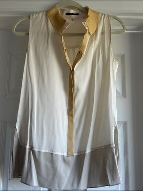 Elie Tahari Sleeveless Ivory Blouse with Tan Hem & Gold-Trim Collar